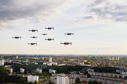 Preview: Drones fly over the city's houses. Urban landscape with drones flying over it, quadrocopters