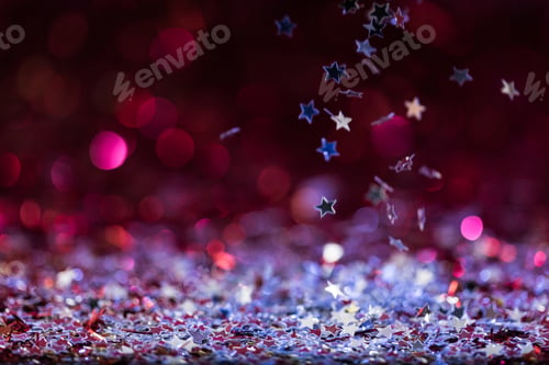 Preview: christmas background with falling pink and silver shiny confetti stars