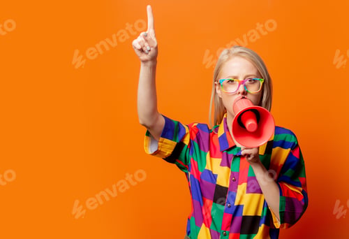 Preview: Style blonde in 90s clothes and rainbow glasses with megaphone