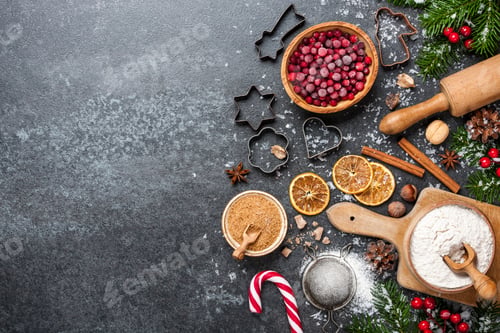 Preview: Christmas background. Table for holiday baking cookies with ingredients