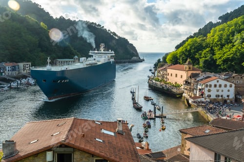 Preview: Entrance of a giant ship in the bay of Pasaia to the open sea Pasajes, Gipuzkoa, Spain