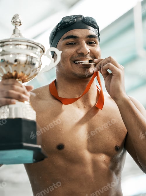 Preview: Sports medal, swimming trophy and man portrait with competition success, achievement goal and winni