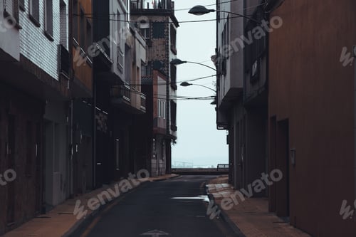 Preview: Street view on a misty day. Vanishing point. Grey sky. Foggy weather.