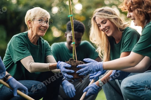 Preview: Happy volunteers planting a tree in a park