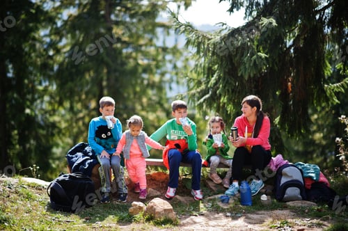 Preview: Mother with four kids in mountains