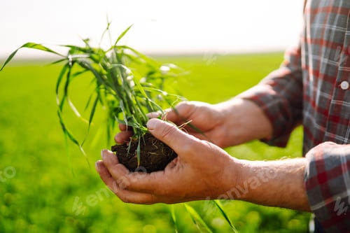 Preview: Young Green wheat seedlings in the hands of a farmer. Checking wheat field progress.