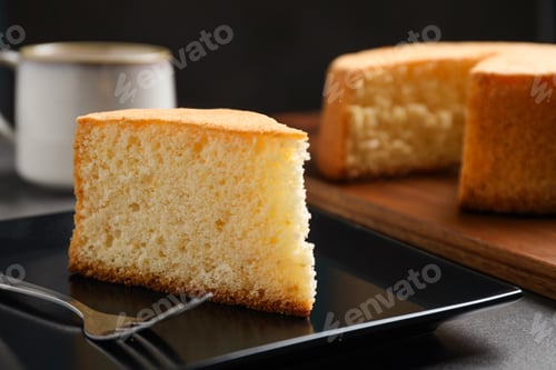 Preview: Piece of delicious fresh homemade cake served on grey table