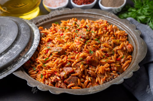 Preview: Local Turkish food; Lamb on barley noodle. Turkish name; Ankara Tava