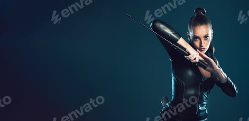 Preview: Woman, warrior and vigilante in cosplay with sword on mockup for battle, war or game against dark s