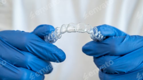 Preview: Hand in gloves holding dental aligner retainer. Invisible orthodontic retainer
