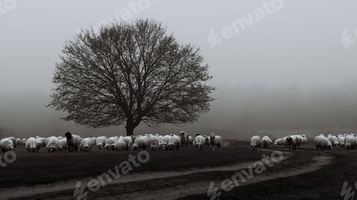 Preview: Idyllic rural scene featuring a flock of sheep grazing in a misty meadow