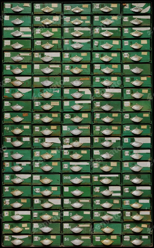 Preview: Old green metal cabinet with wooden drawers