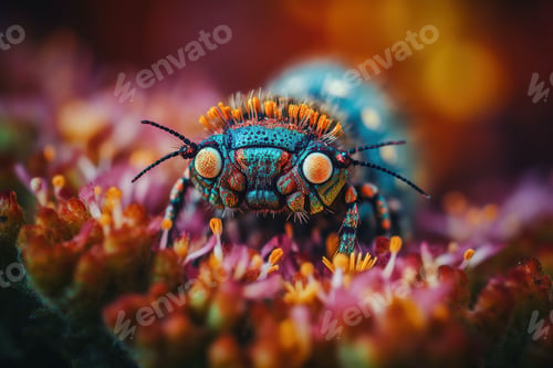 Preview: Close-up of a colorful caterpillar crawling across a bed of bright, blooming flowers