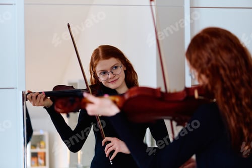 Preview: Stunning Redhead Musician Poses with Violin in Captivating Portrait