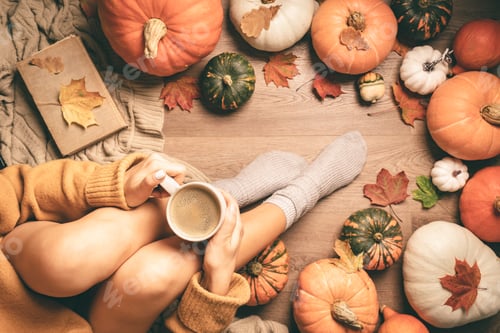 Preview: woman sitting between pumpkins