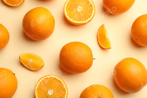 Preview: Fresh ripe oranges on beige background, flat lay