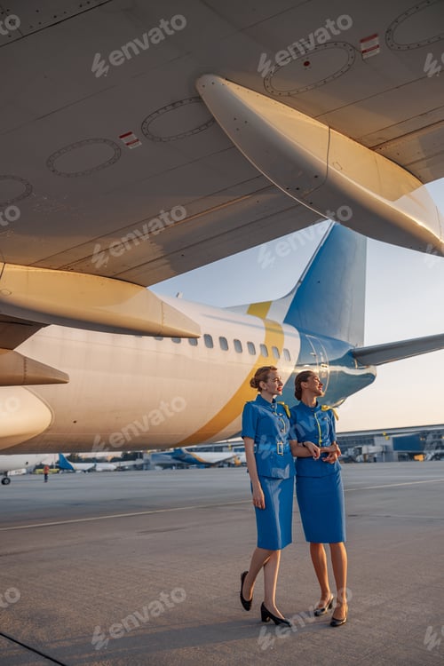 Preview: Full length shot of two air stewardesses in blue uniform smiling away