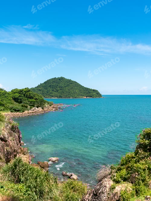 Preview: Beautiful seascape with mountain on blue sky. Coastline Scenery in Thailand.