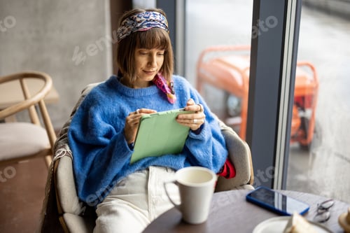 Preview: Woman works on tablet in cafe with a generator outdoors
