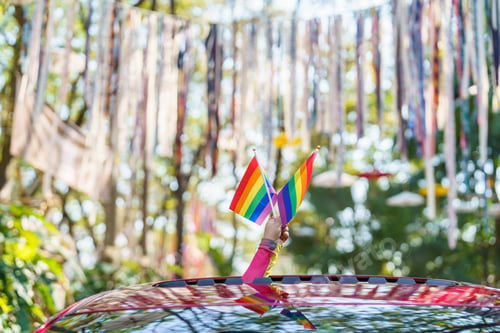 Preview: Happy Asian woman support LGBT pride parade in car. with Rainbow of LGBTQ or LGBTQIA.