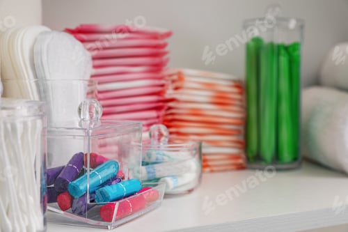 Preview: Storage of different feminine hygiene products in cabinet