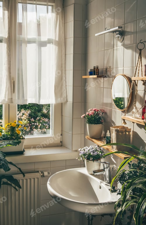 Preview: Light bathroom with big window in the evening sunlight