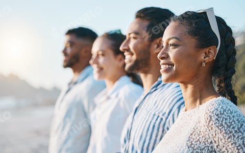 Preview: Happy, line and friends at the beach for sunset together for bonding, vacation or freedom. Smile, c