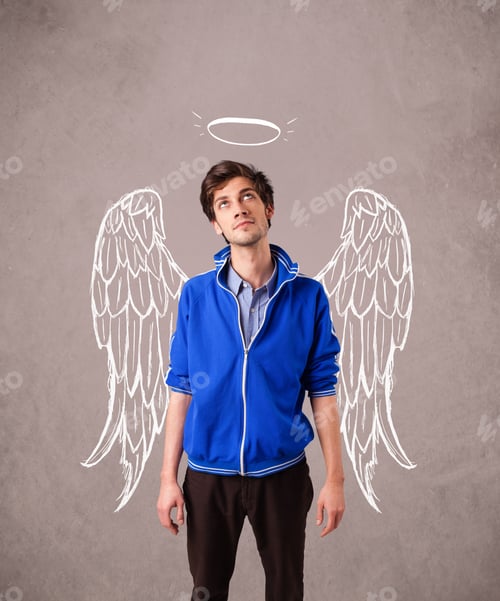 Preview: Young Man With Angel Illustrated Wings On Grungy Background