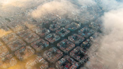 Preview: Aerial view of Barcelona City above the clouds and fog, Catalonia Square