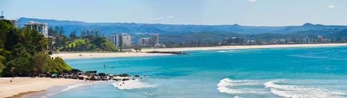 Preview: Panoramic photo of Coolangatta beach and Kirra beach from Snapper Rocks, Queensland, Gold Coast, Aus