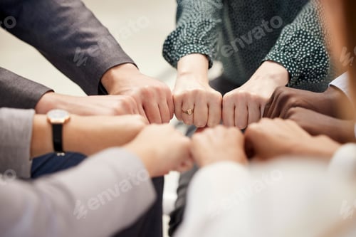 Preview: Fist bump, office teamwork and diversity of hands together for business and team support. Team buil
