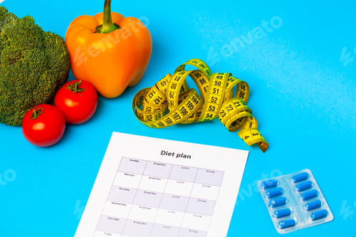Preview: Diet plan, for weight loss pills and fresh vegetables on blue background.