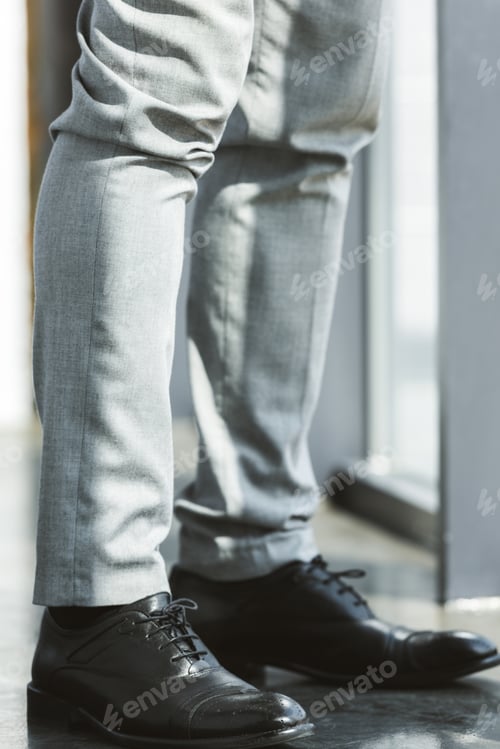 Preview: low section of businessman standing in fashionable leather shoes and pants