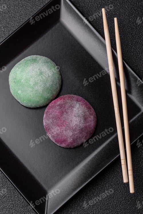 Preview: Japanese mochi, ice cream or Asian sweets with fruit filling. Mochi of different colors