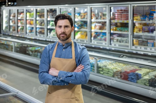 Preview: Confident grocery store manager standing in front of freezer section with arms crossed in a