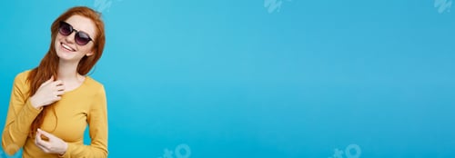 Preview: Travel concept - Close up Portrait young beautiful attractive ginger red hair girl with trendy