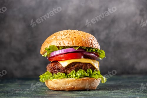 Preview: Tasty sandwich on dark ice background with free space
