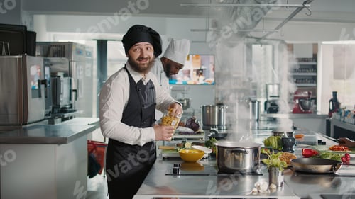 Preview: Authentic cook doing cooking show lesson on camera in kitchen