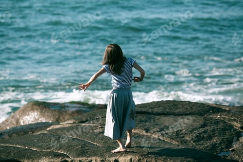 Preview: The Young Dancers Woman Is Engaged In Choreography On The Rocky Coast Of Ocean.