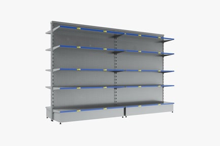 Preview: Gray Shelving Unit with Blue-Lipped Shelves and Yellow Clips