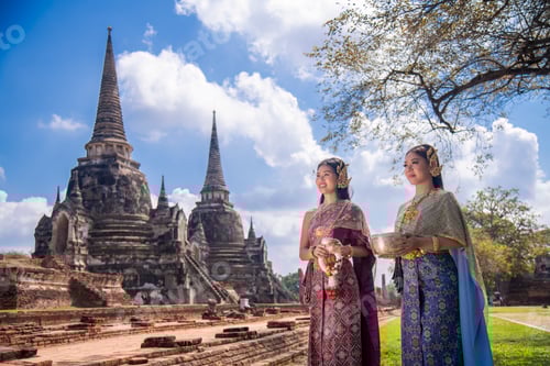 Preview: Asian woman wearing ancient Thai traditional dress holds garland and fresh flowers paying homage Bud