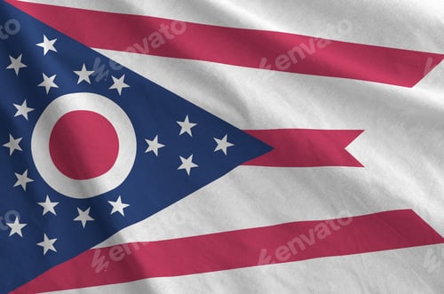 Preview: Ohio US state flag depicted on folded wavy fabric of old cloth