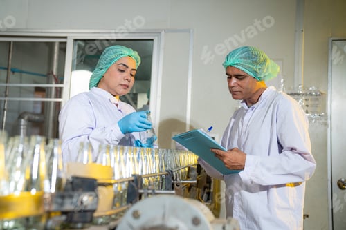Preview: Team worker quality control a fruit drink factory in glass bottles Inspecting glass.