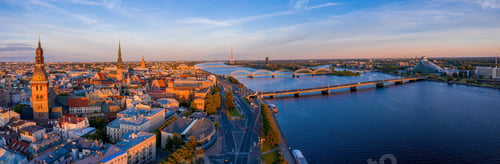 Preview: Aerial shot of Riga, Latvia with famous cathedral steeples and bridges over Daugava river