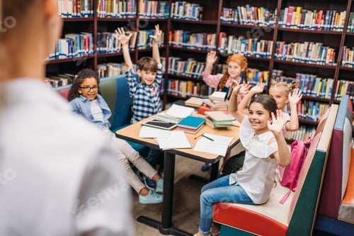 Preview: adorable little kids raising hands in library
