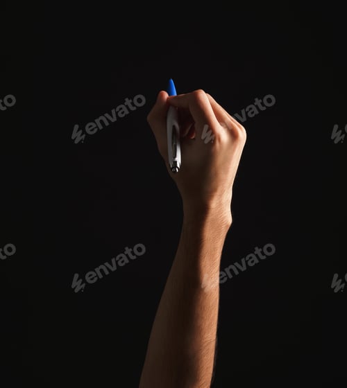 Preview: Male Hand Holding Pen, Writing Or Drawing, Isolated On Black Background. Education, Business, Art