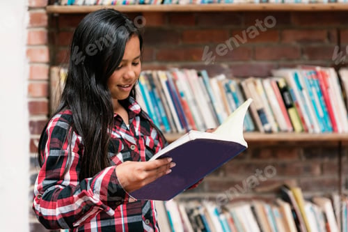Preview: Portrait of beautiful student girl in the library.