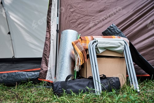 Preview: Tourist tent in forest. Hike concept