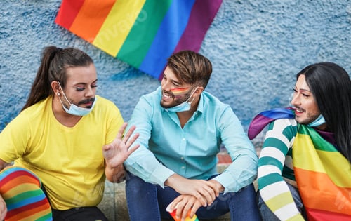 Preview: Group of gay men wearing surgical face masks under chin and enjoy the LGBT pride parade