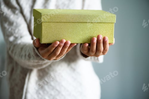 Preview: Female hands opening gift box, copy space. Christmas, hew year, birthday concept